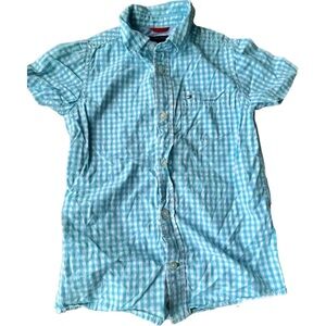 Tommy Hilfiger Turquoise Blue White Plaid Short Sleeve Button-Up Shirt Boys 6